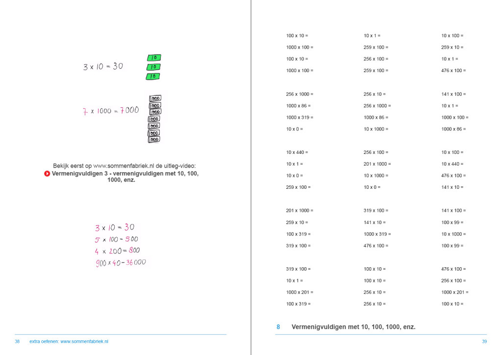 werkboek hele getallen, vermenigvuldigen met factor 10